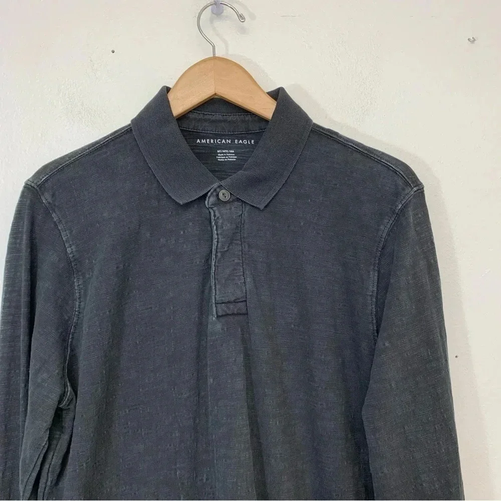 American Eagle‎ Long Sleeve Polo Men Medium Tall Gray Texture Collar 100% Cotton